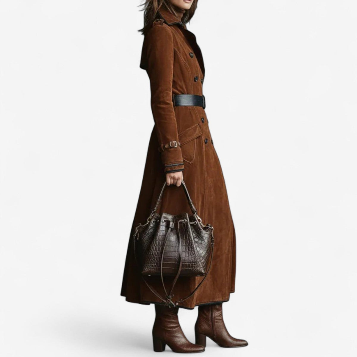 Double Breasted Suede Look Longline Trench Coat