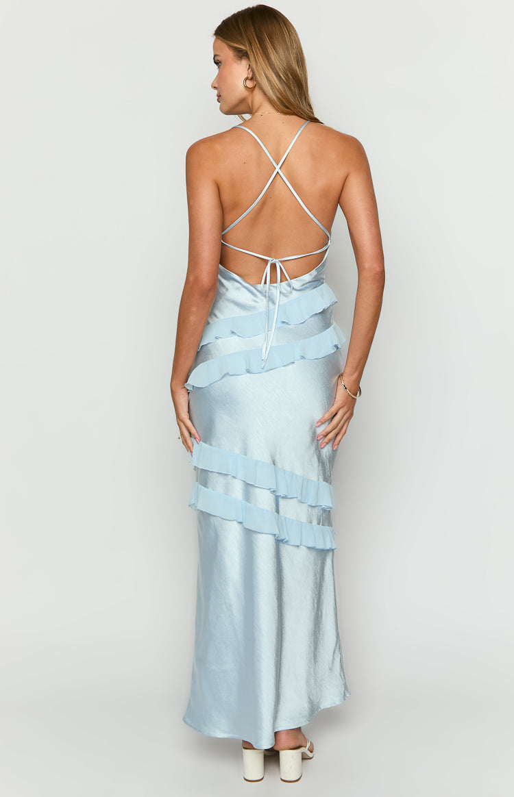 Satin V-Neck Spaghetti Strap Tiered Ruffle Maxi Prom Dress 18