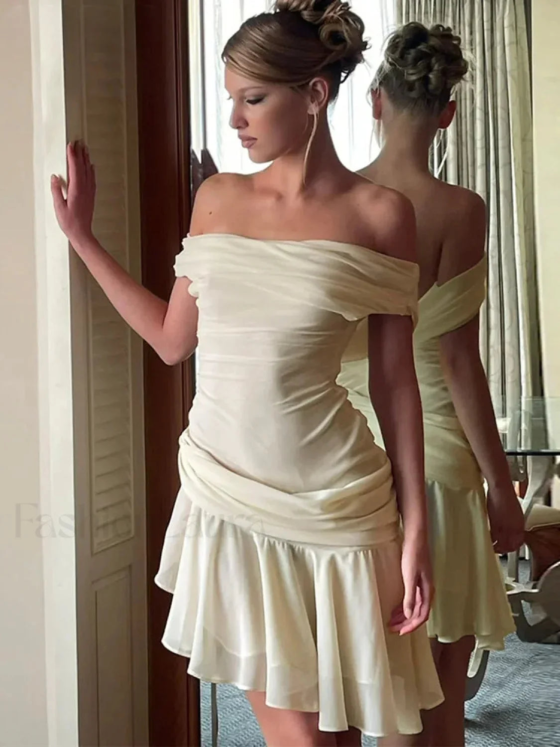 Inclined Shoulder Patchwork Mini Dress