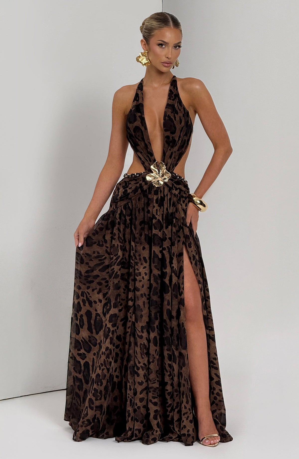 Leopard Print Chiffon Plunge Neck Flower Brooch Cut Out High Split Maxi Dress 11