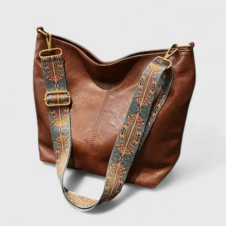 Embroidered Strap Slouchy Bucket Shoulder Bag