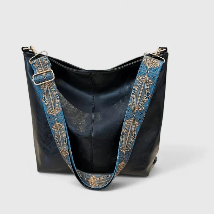 Embroidered Strap Slouchy Bucket Shoulder Bag