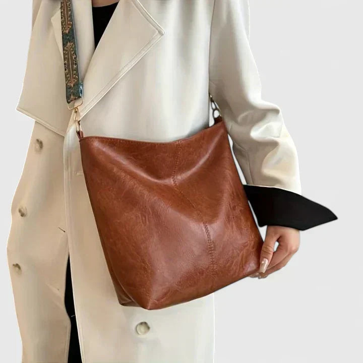 Embroidered Strap Slouchy Bucket Shoulder Bag
