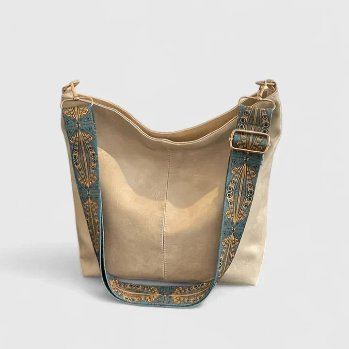 Embroidered Strap Slouchy Bucket Shoulder Bag