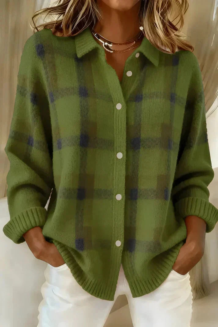 Plaid Collared Button Front Brushed Knit Cardigan