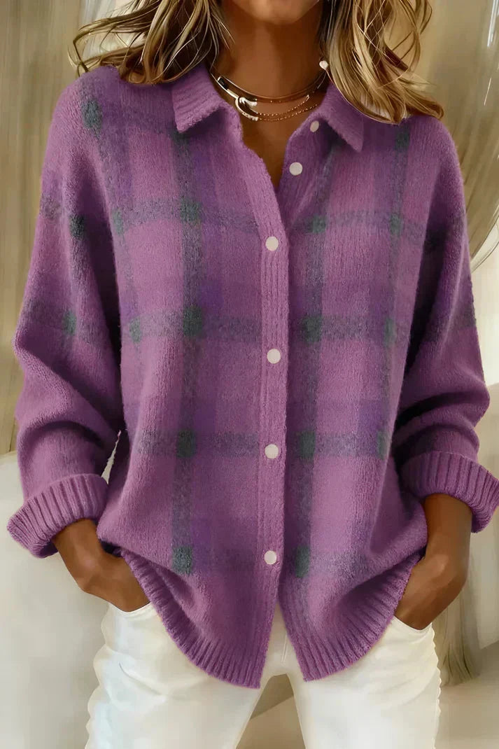 Plaid Collared Button Front Brushed Knit Cardigan