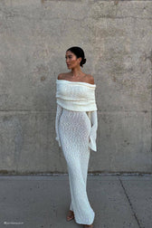 Textured Knit Off Shoulder Long Sleeve Sheer Maxi Dress 5