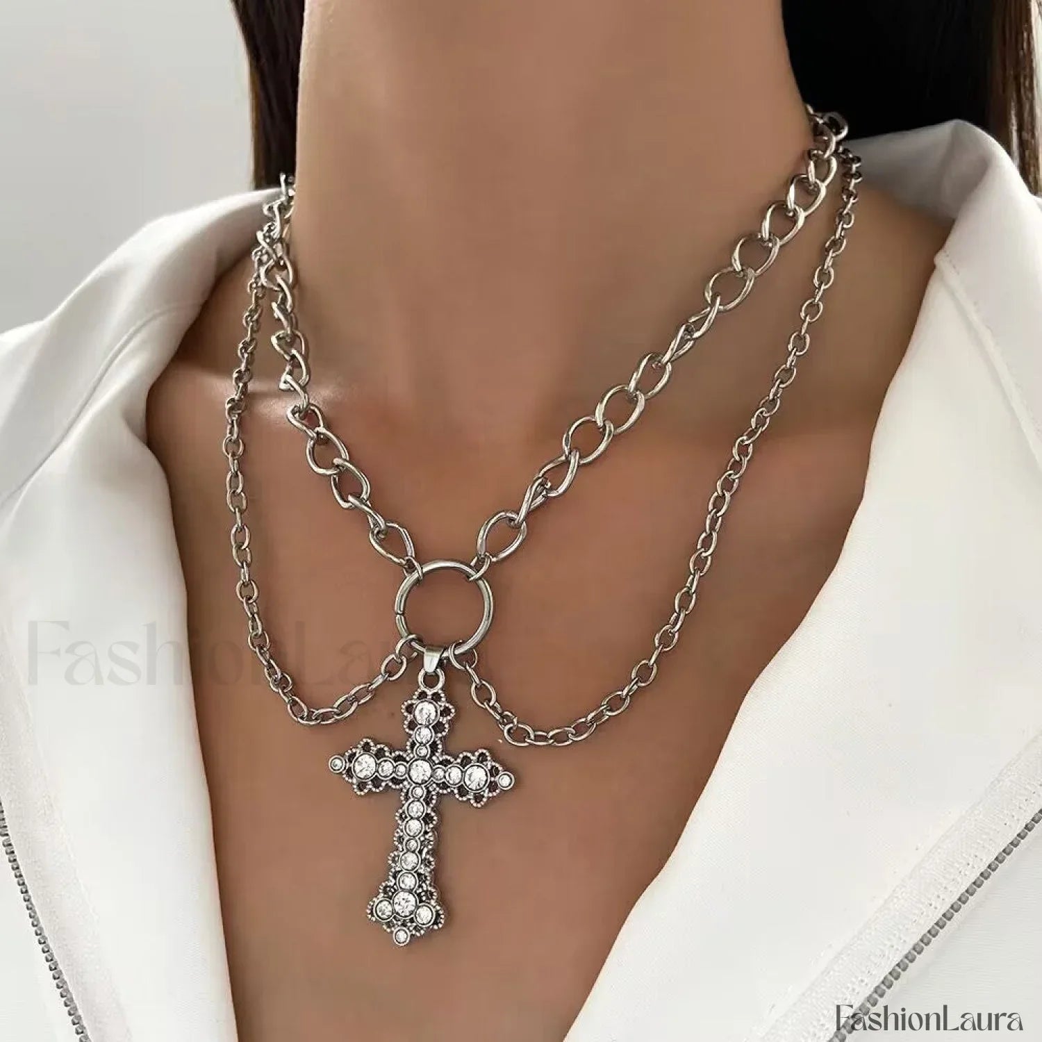 INS Vintage Diamond Alloy Pendant Cross Necklace