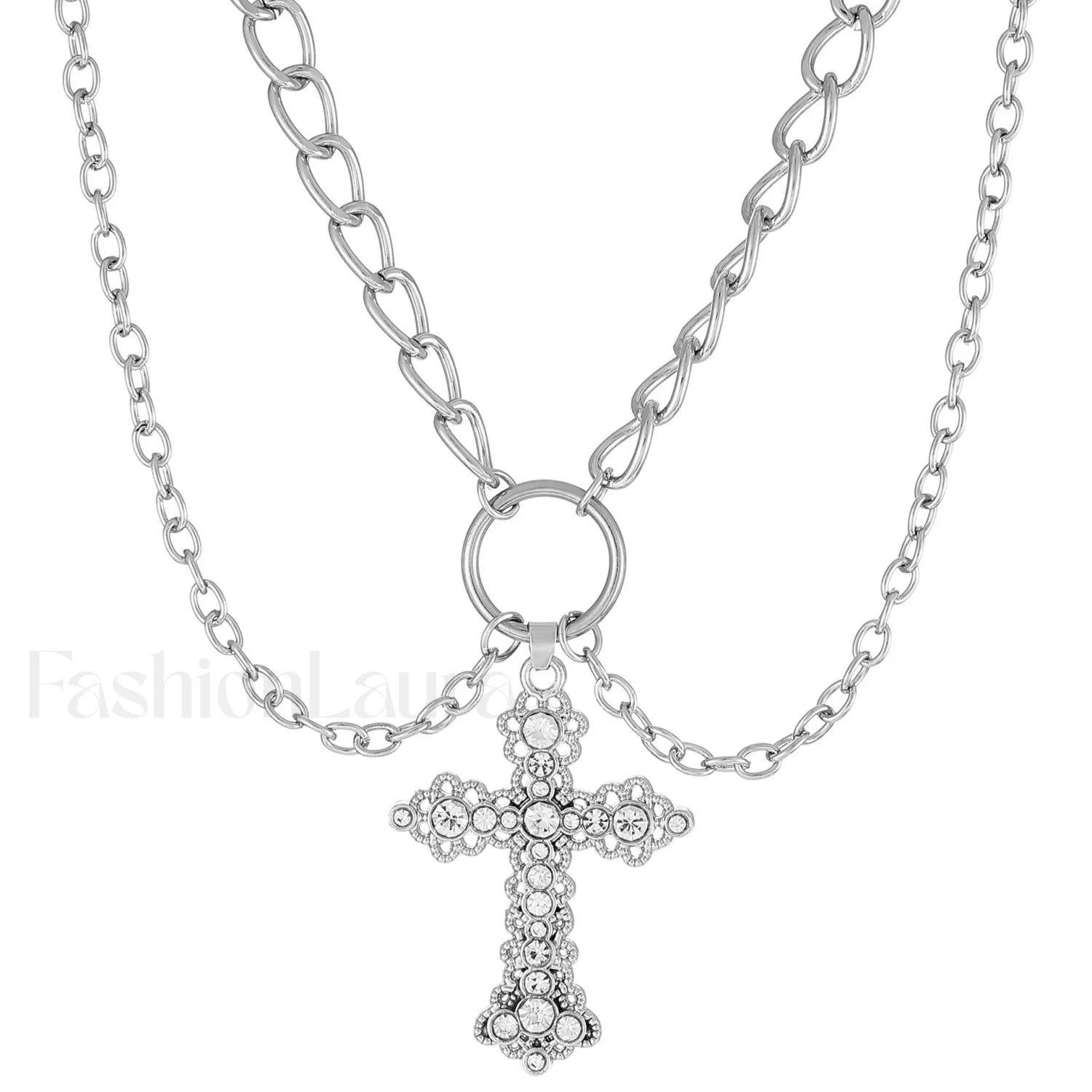 INS Vintage Diamond Alloy Pendant Cross Necklace SILVER