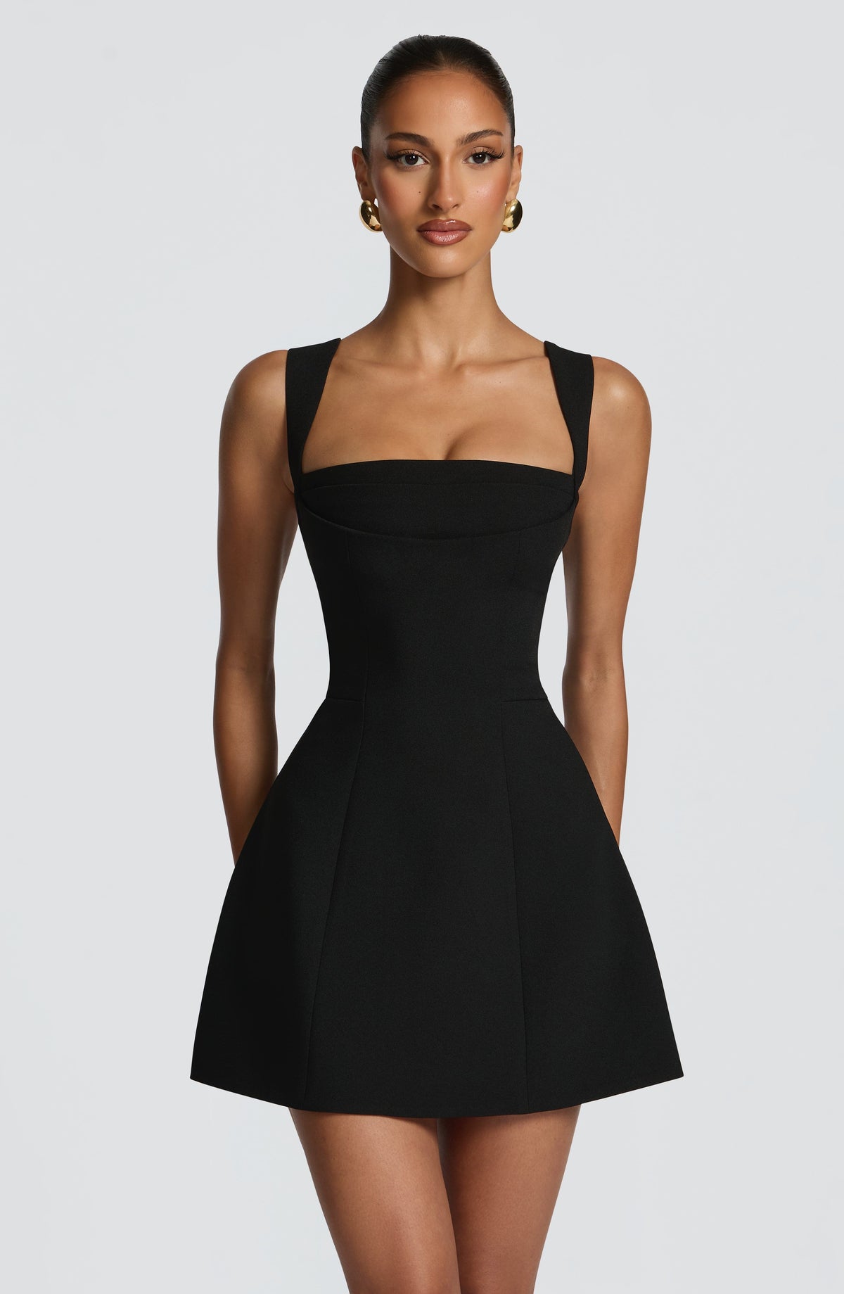 Square Neck Wide Strap Structured Fit and Flare Mini Dress