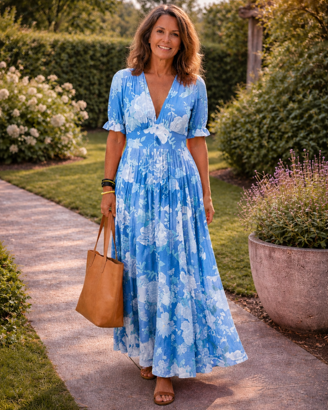 Floral Deep V-Neck Puff Sleeve Tiered Maxi Dress