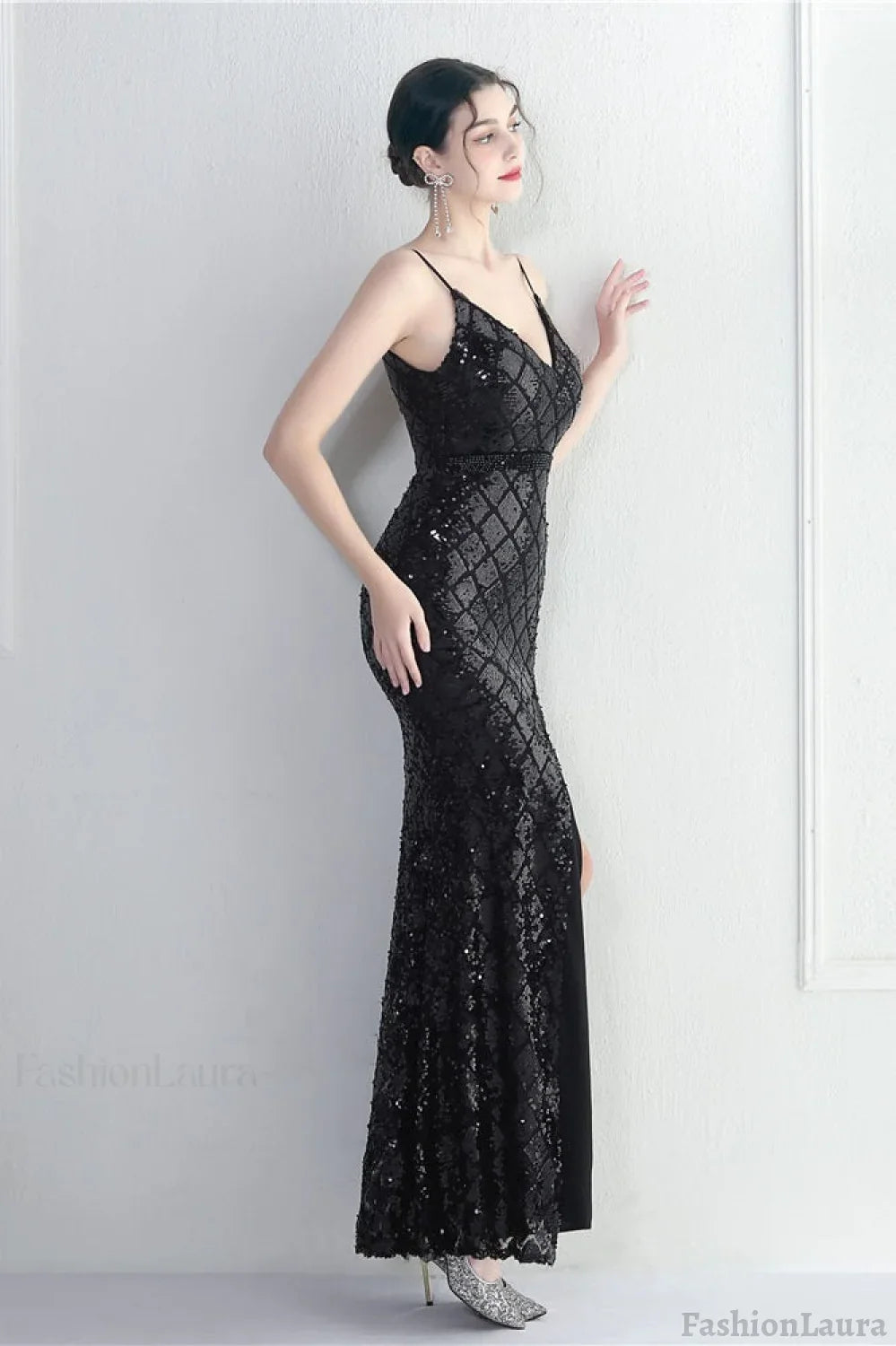 Iridescent Sequin Slit Bodycon Maxi Dress