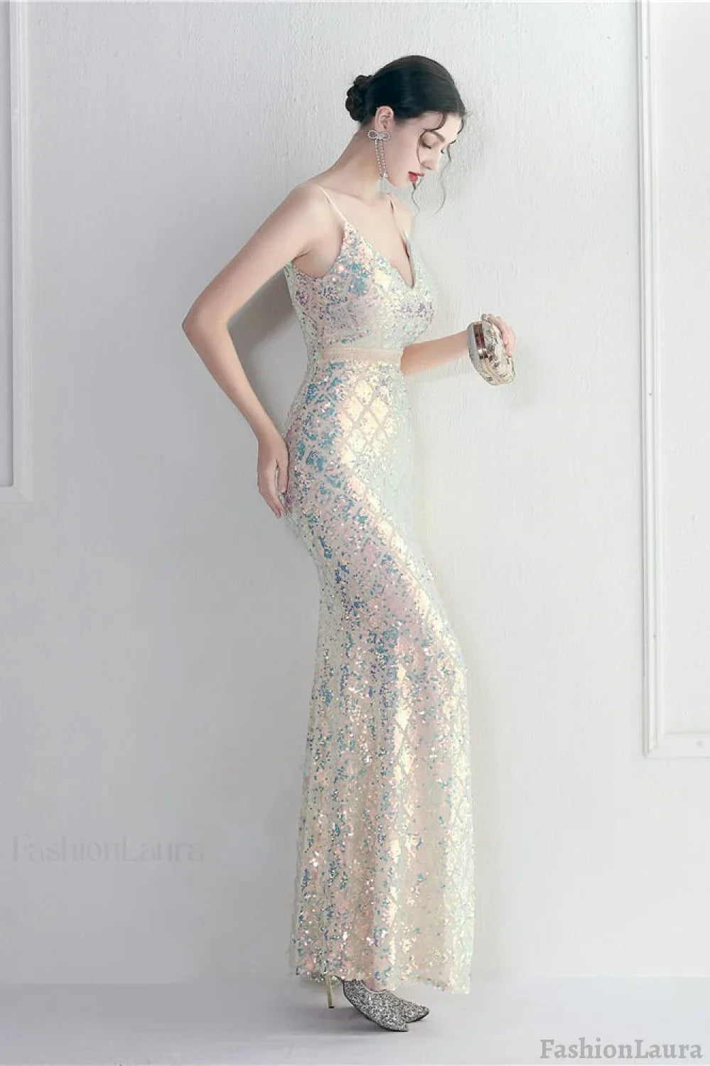 Iridescent Sequin Slit Bodycon Maxi Dress