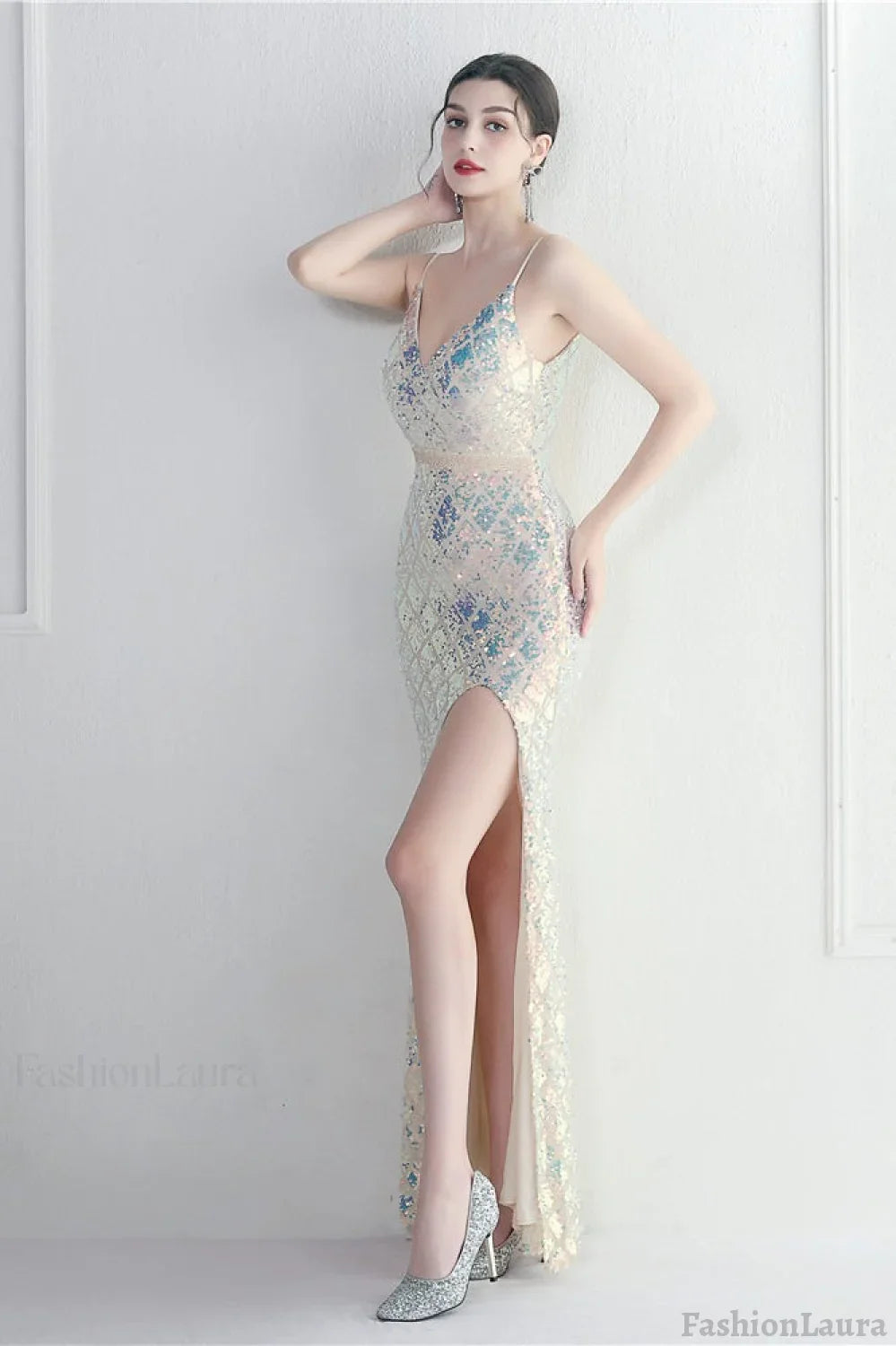 Iridescent Sequin Slit Bodycon Maxi Dress