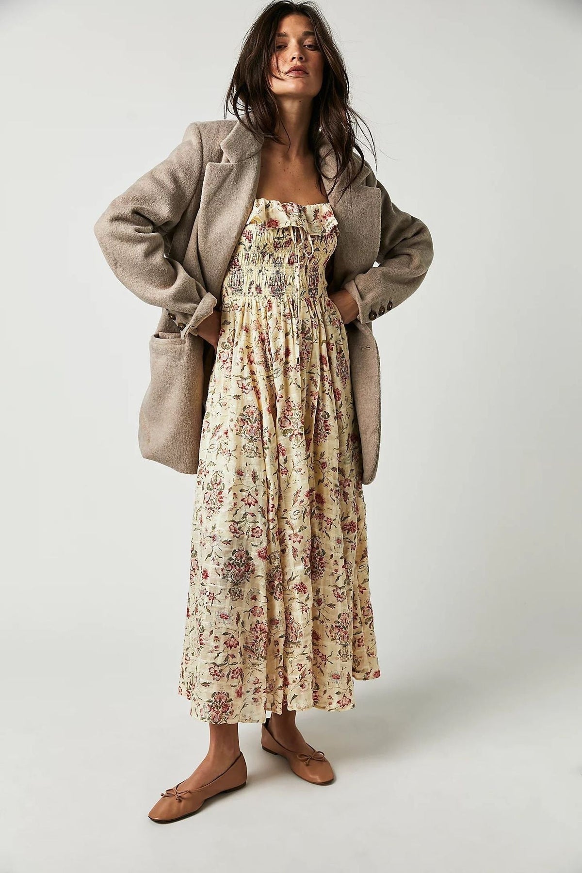 Floral Print Square Neck Ruffle Trim Smocked Bodice Midi Dress