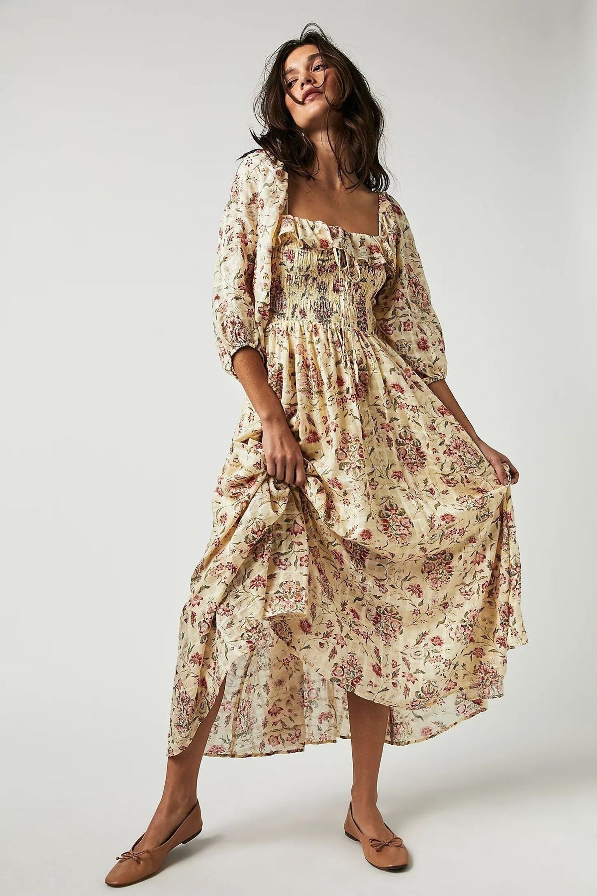 Floral Print Square Neck Ruffle Trim Smocked Bodice Midi Dress 8
