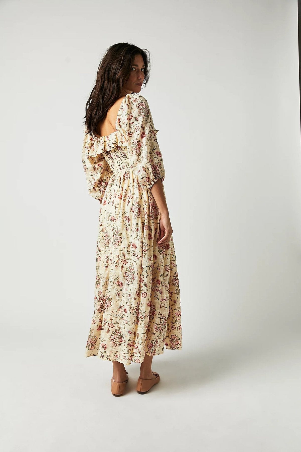 Floral Print Square Neck Ruffle Trim Smocked Bodice Midi Dress 2
