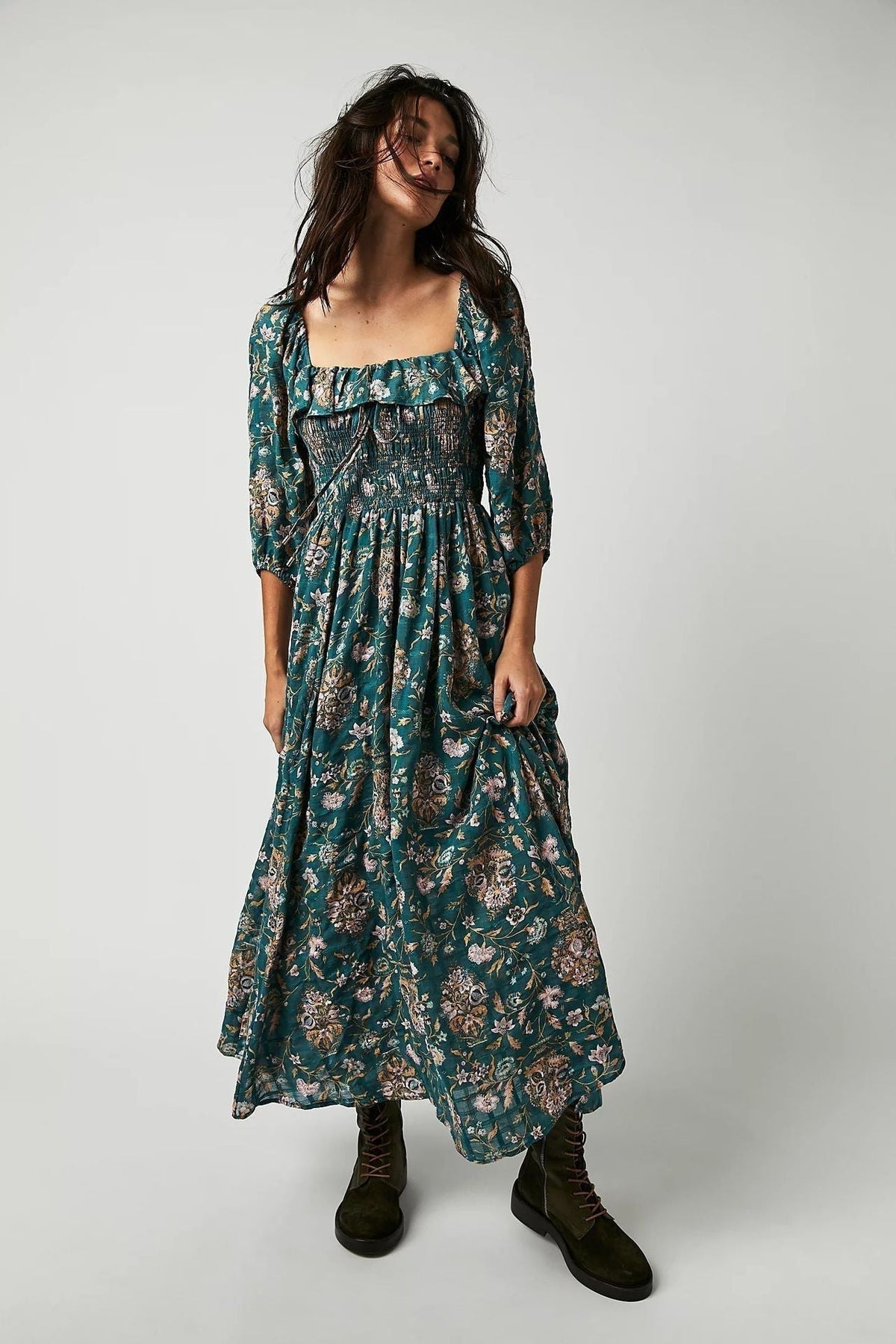 Floral Print Square Neck Ruffle Trim Smocked Bodice Midi Dress 10