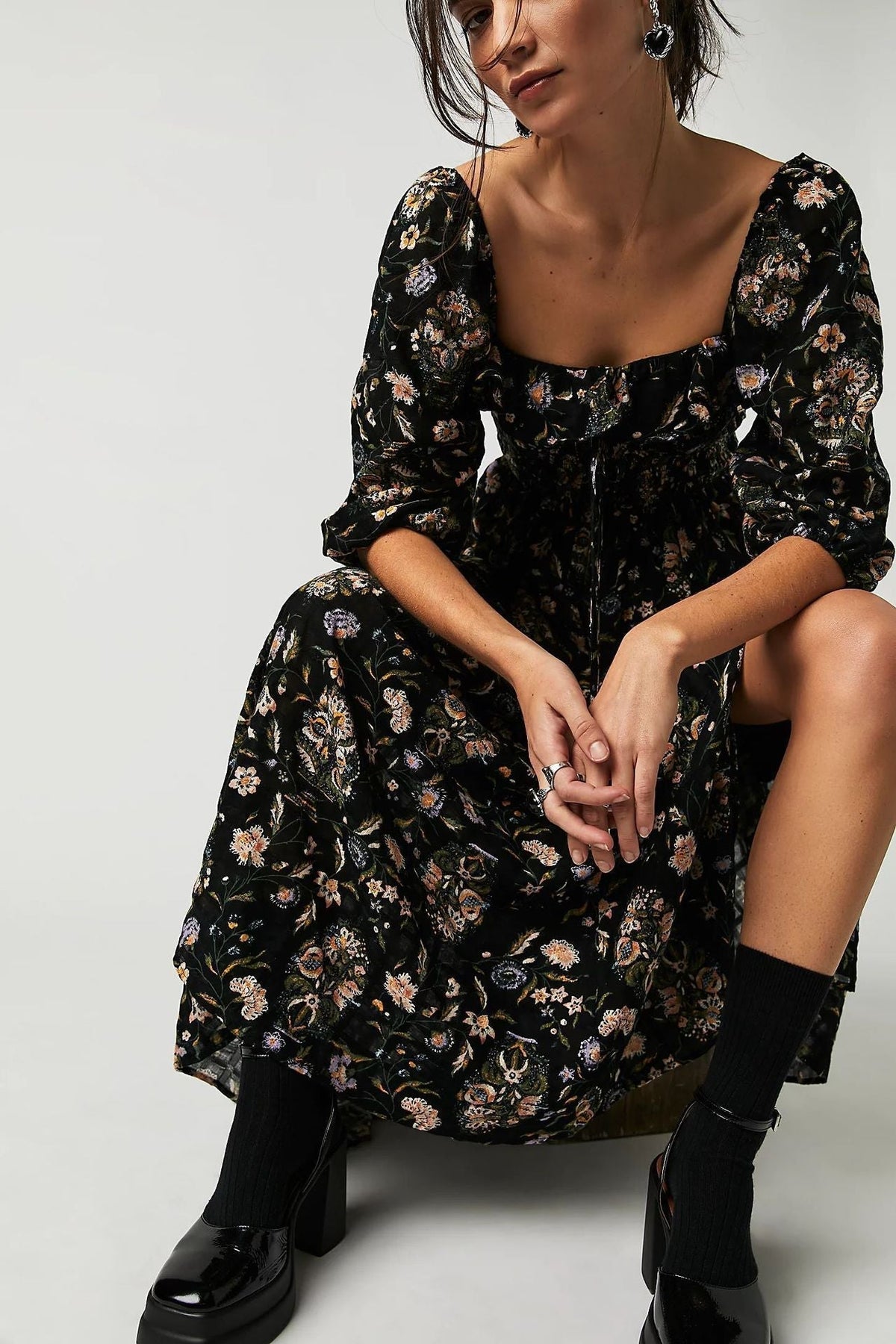 Floral Print Square Neck Ruffle Trim Smocked Bodice Midi Dress 4