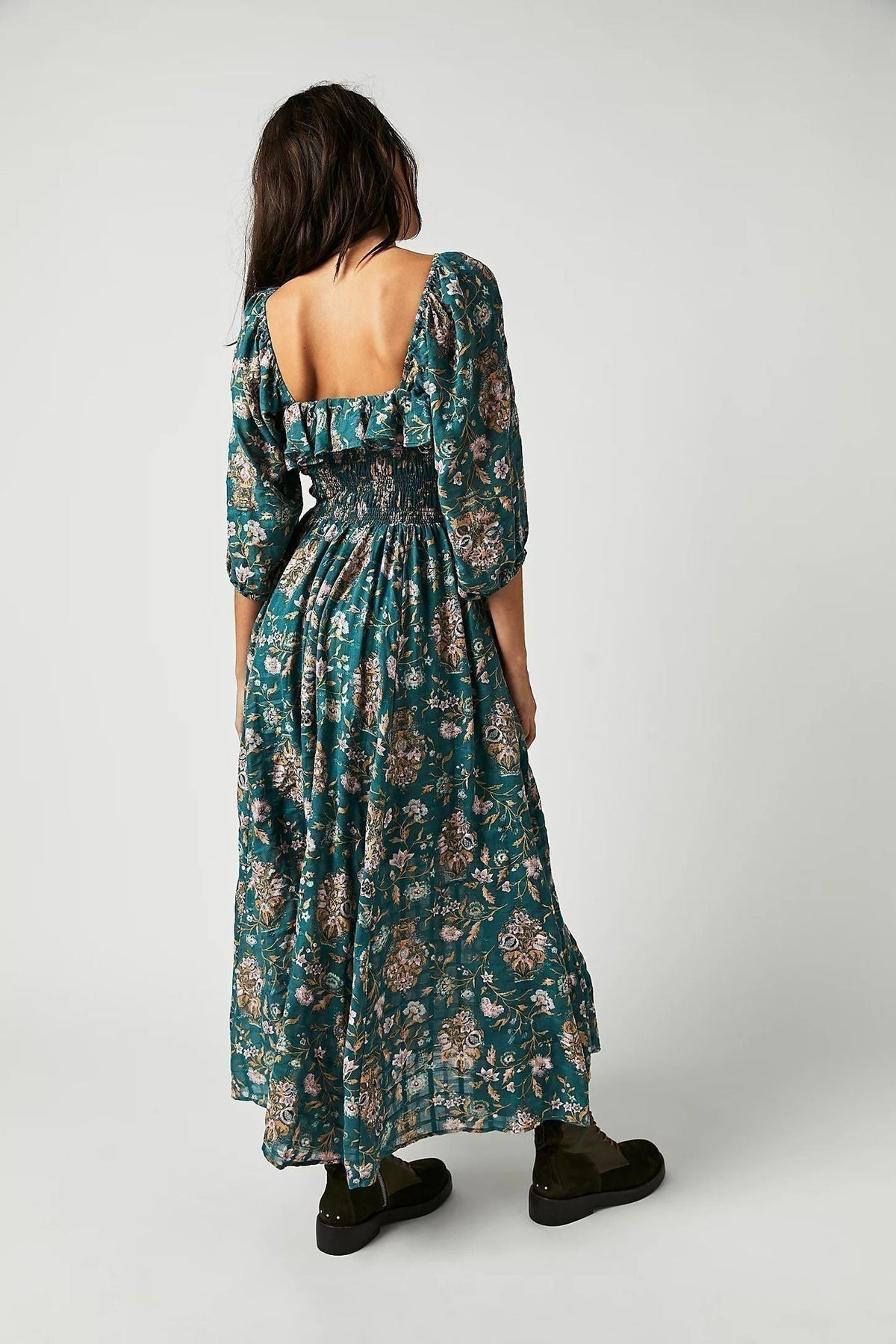 Floral Print Square Neck Ruffle Trim Smocked Bodice Midi Dress 7
