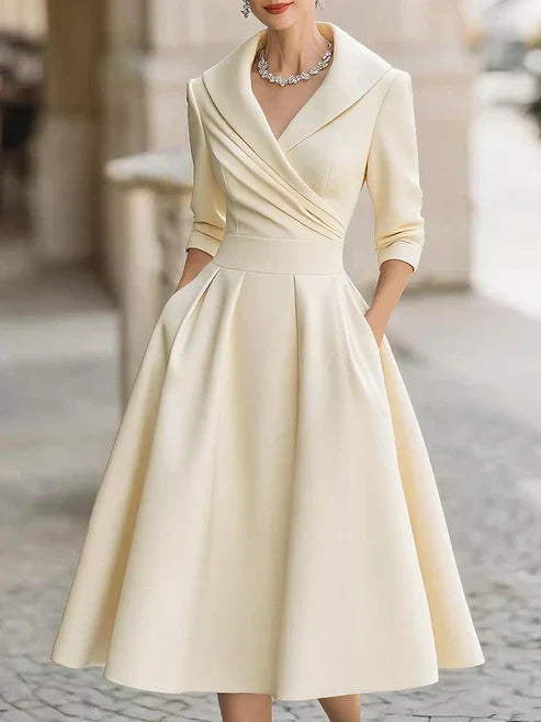 Shawl Collar Wrap Front Fit and Flare Midi Party Dress