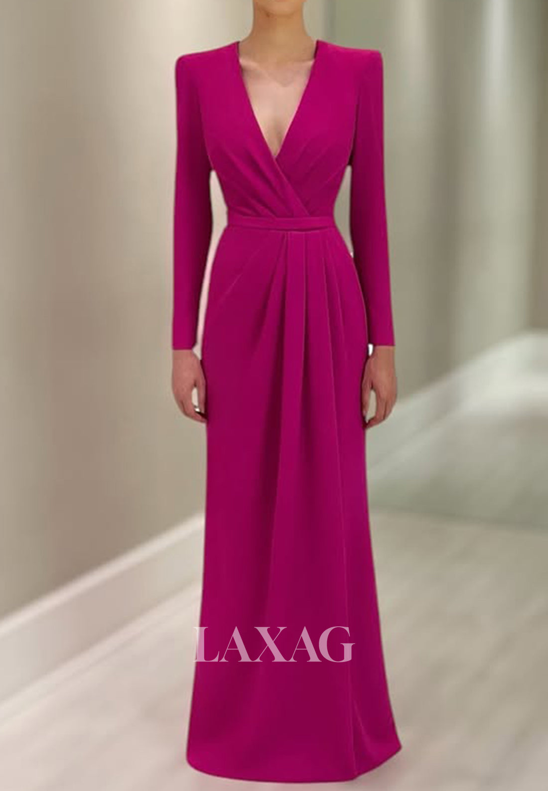 Deep V-Neck Long Sleeves Cocktail Gowns Pleated Satin Floor-Length Fitted Mother of the Bride Dress