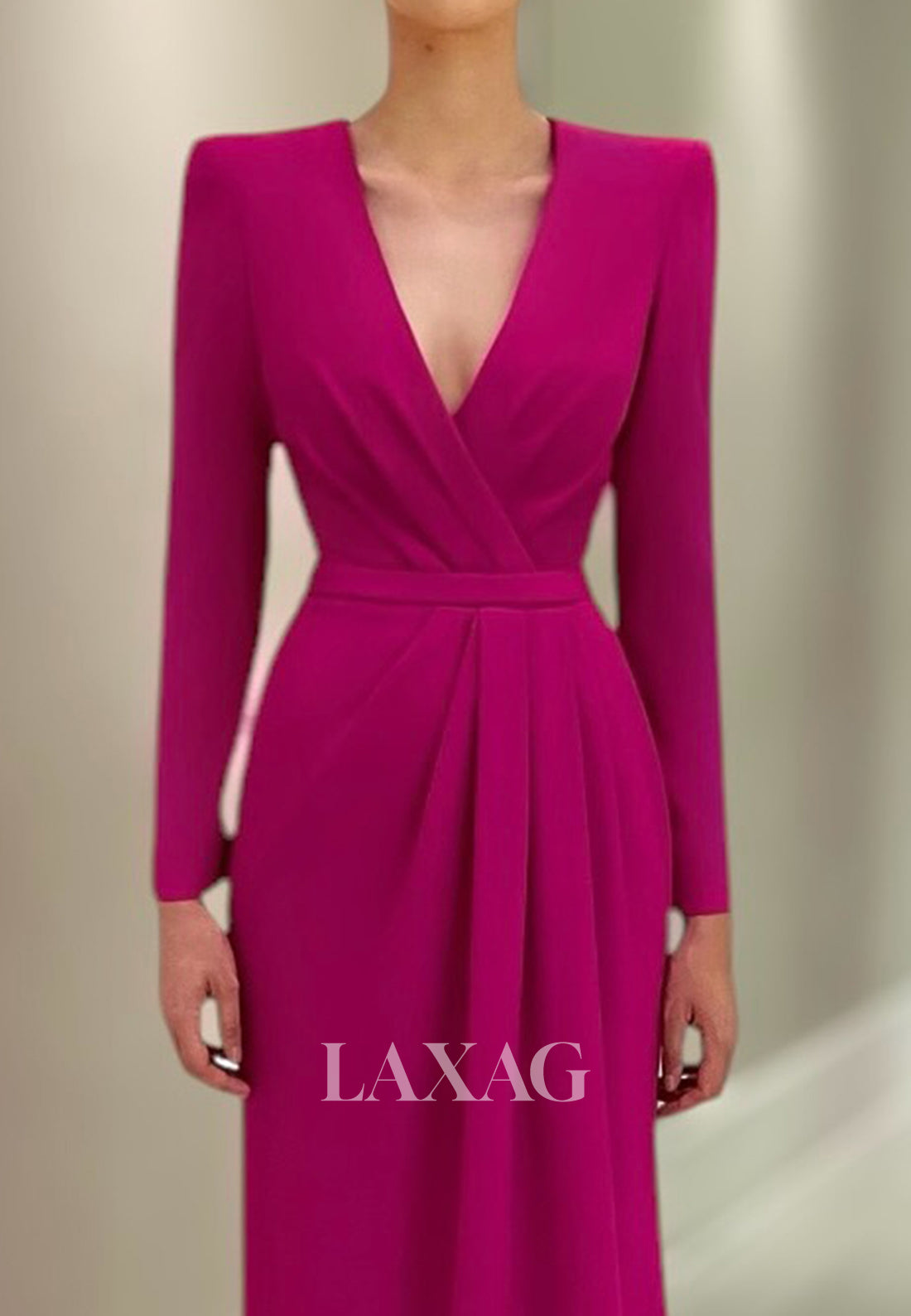 Deep V-Neck Long Sleeves Cocktail Gowns Pleated Satin Floor-Length Fitted Mother of the Bride Dress