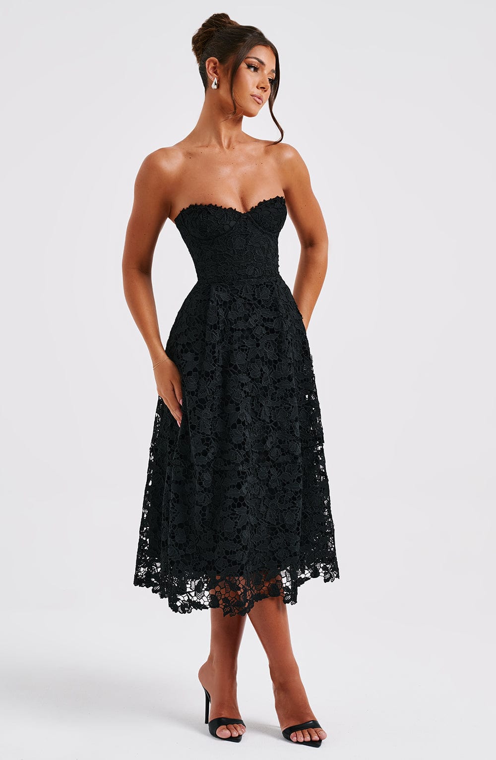 Crochet Lace Strapless Sweetheart Corset A-Line Midi Dress 7