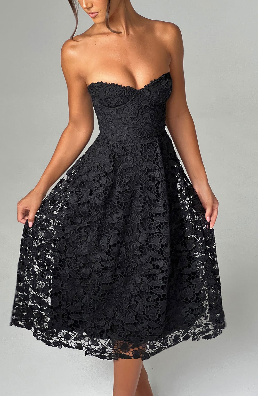 Crochet Lace Strapless Sweetheart Corset A-Line Midi Dress