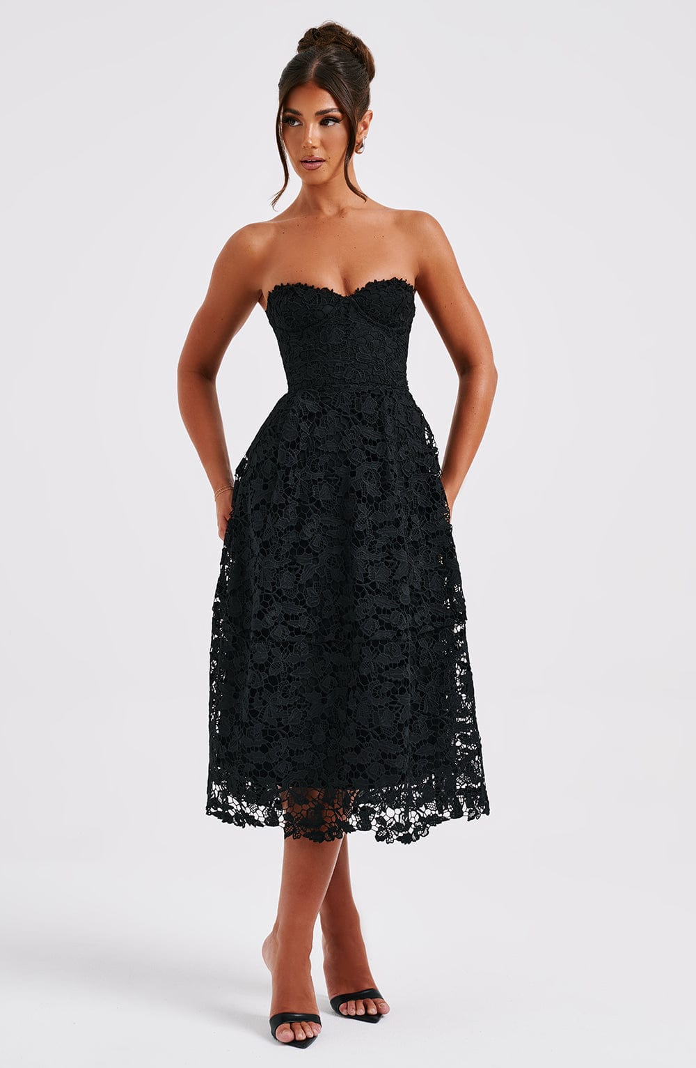 Crochet Lace Strapless Sweetheart Corset A-Line Midi Dress 5