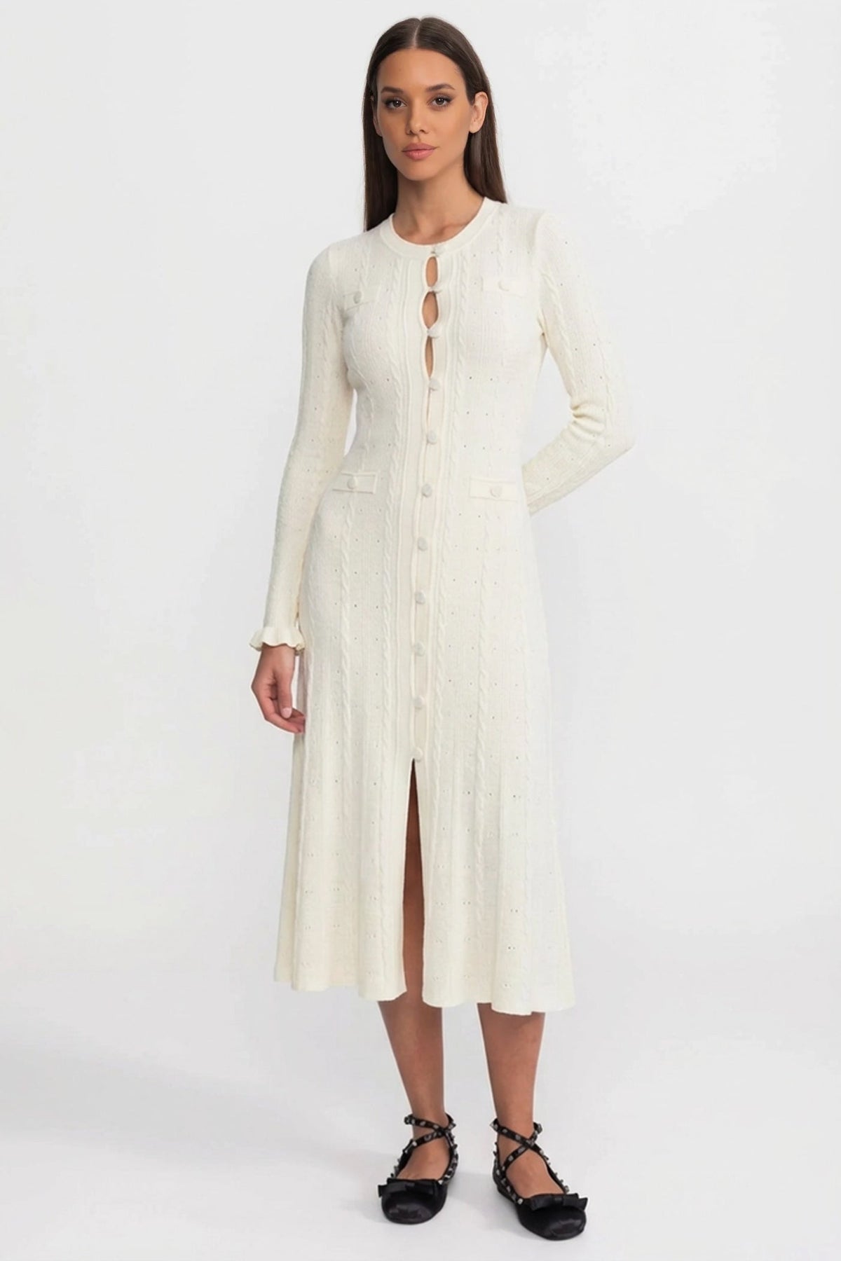 Crew Neck Long Sleeve Button Front Cable Knit Pointelle Midi Dress