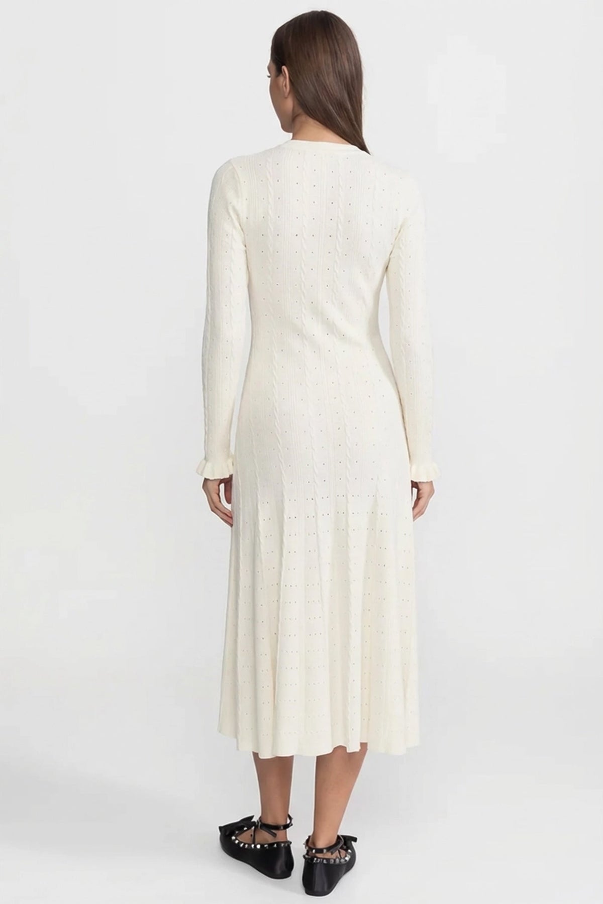 Crew Neck Long Sleeve Button Front Cable Knit Pointelle Midi Dress 4