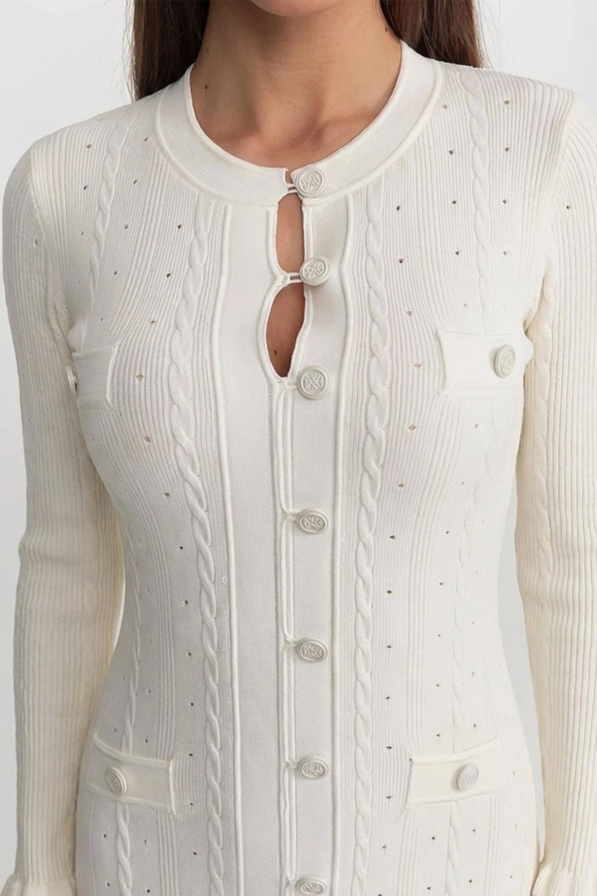 Crew Neck Long Sleeve Button Front Cable Knit Pointelle Midi Dress 3