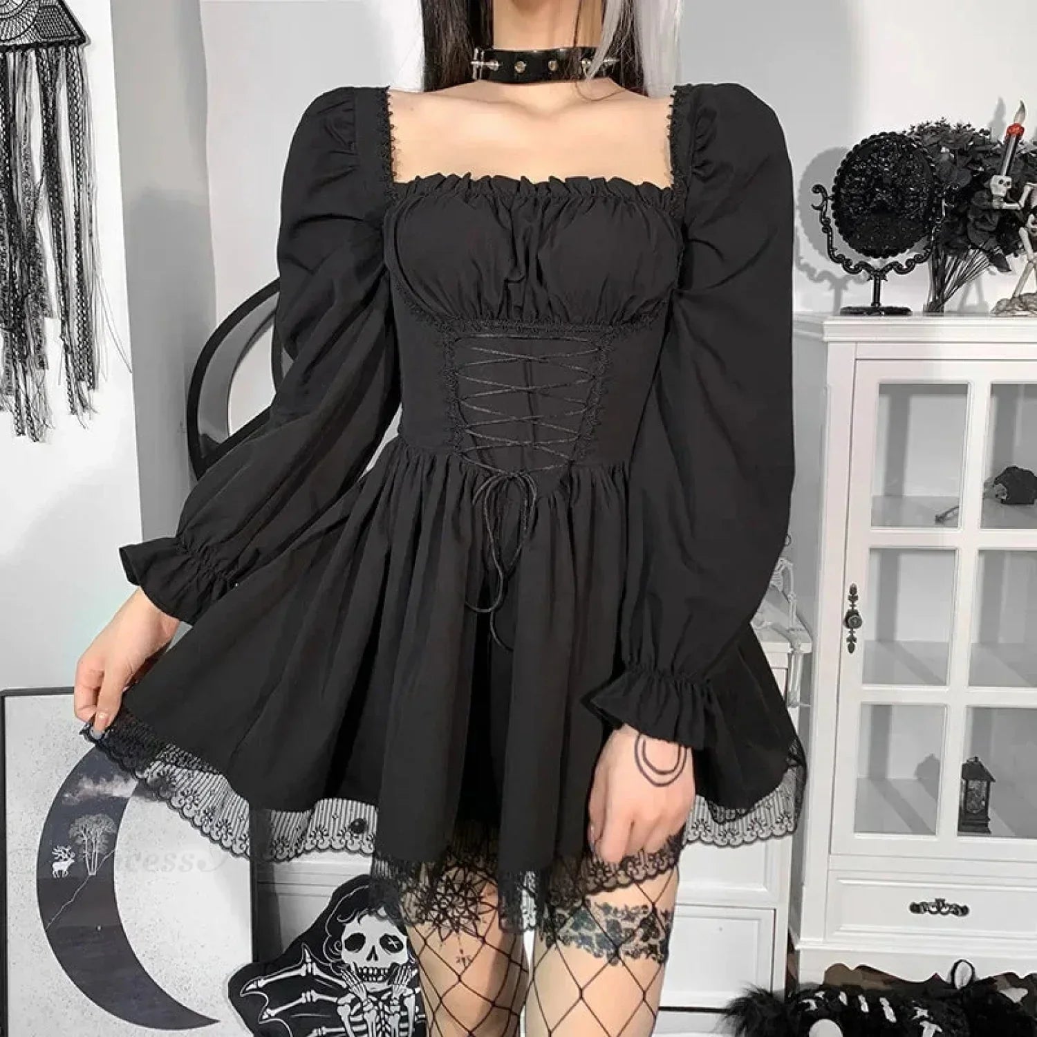 Ivory Lace Puff Small Dress black / S
