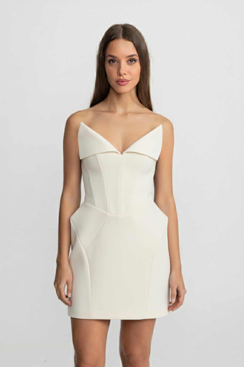 Strapless Folded V-Neckline Corset Bodice Structured Mini Dress