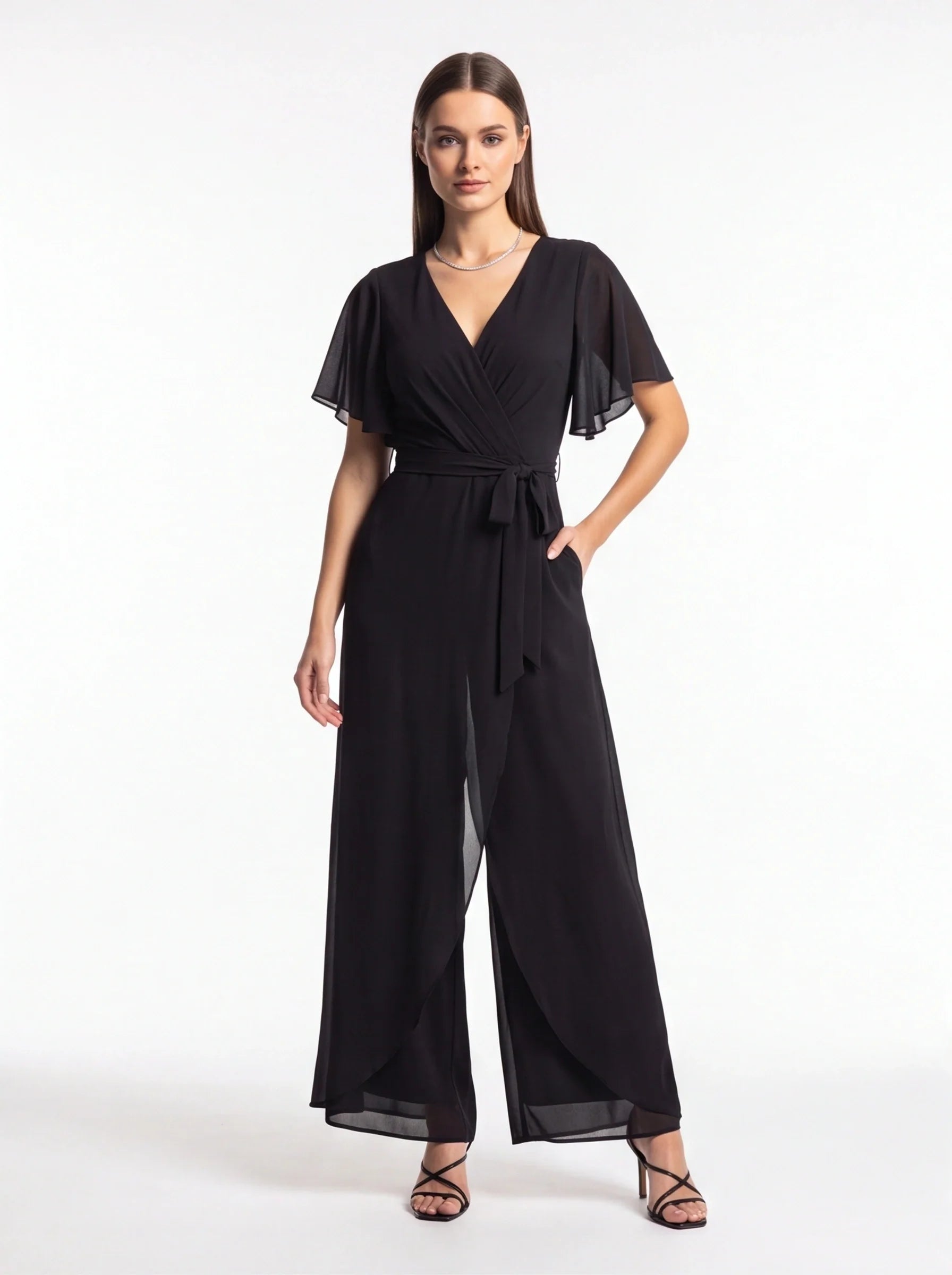 Elegant Wide Leg Jumpsuit Black Wrap V-Neck with Flutter Sleeves Tie Waist