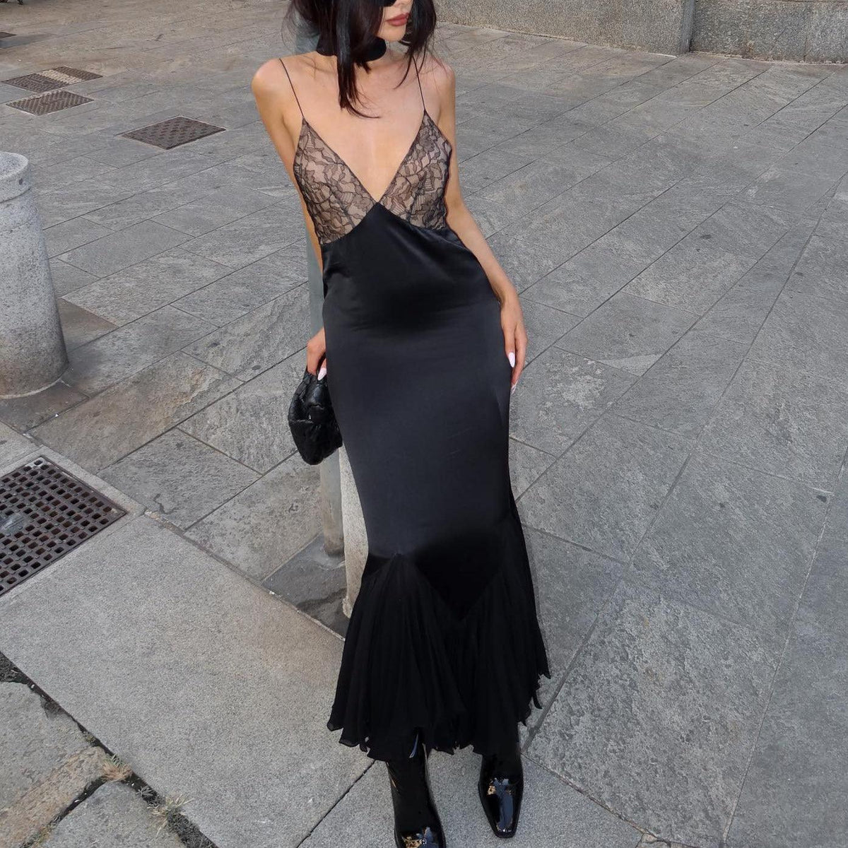 Satin Lace Cup Deep V-Neck Spaghetti Strap Fishtail Maxi Dress