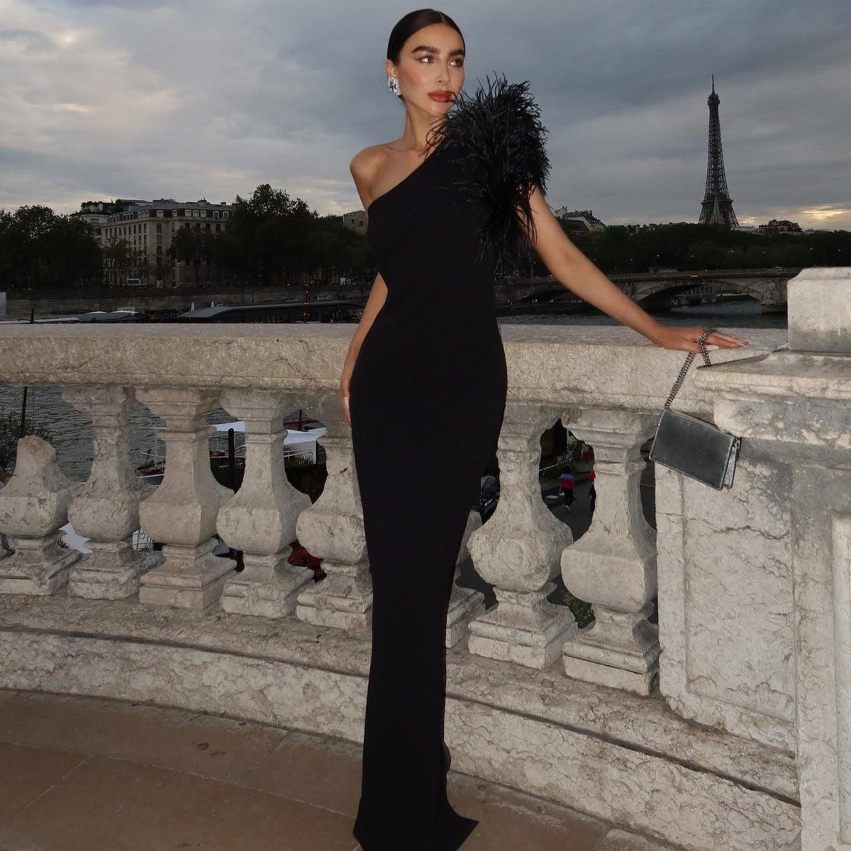 One Shoulder Feather Trim Bodycon Mermaid Maxi Gown 3