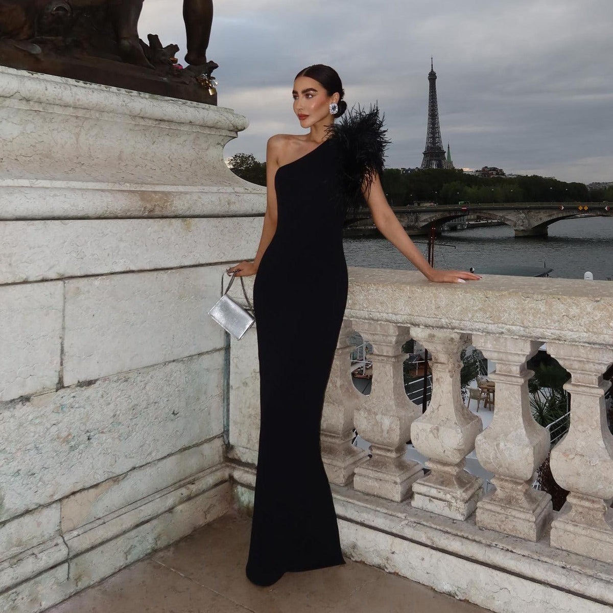 One Shoulder Feather Trim Bodycon Mermaid Maxi Gown 4