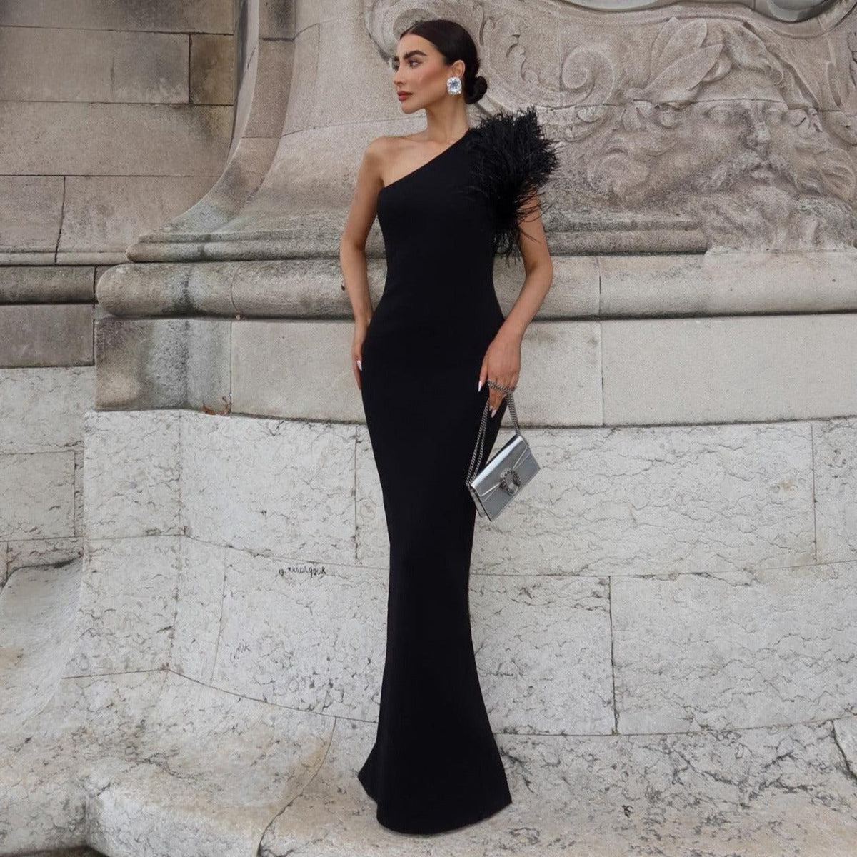 One Shoulder Feather Trim Bodycon Mermaid Maxi Gown