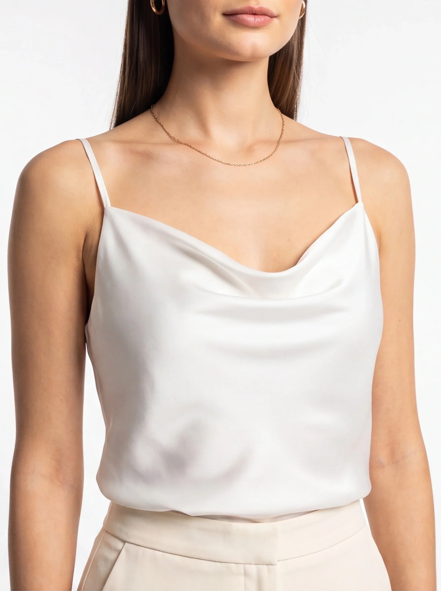 Elegant Silk Cowl Neck Camisole with Adjustable Straps & Luxurious Fin