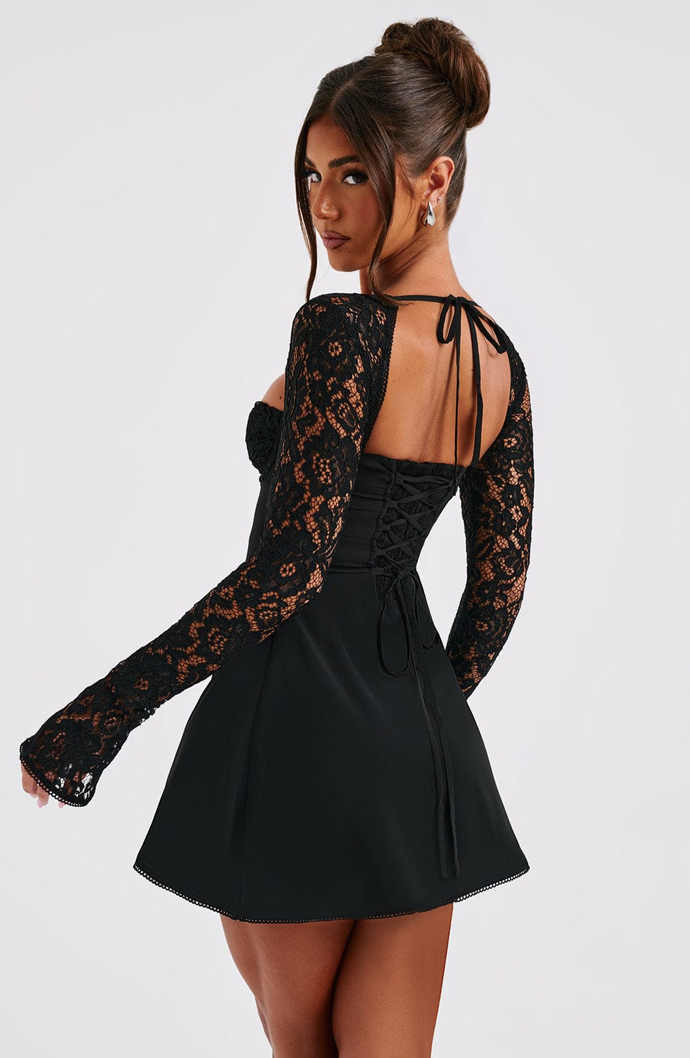 Lace Long Sleeve Sweetheart Bow Front Flared Mini Dress 2
