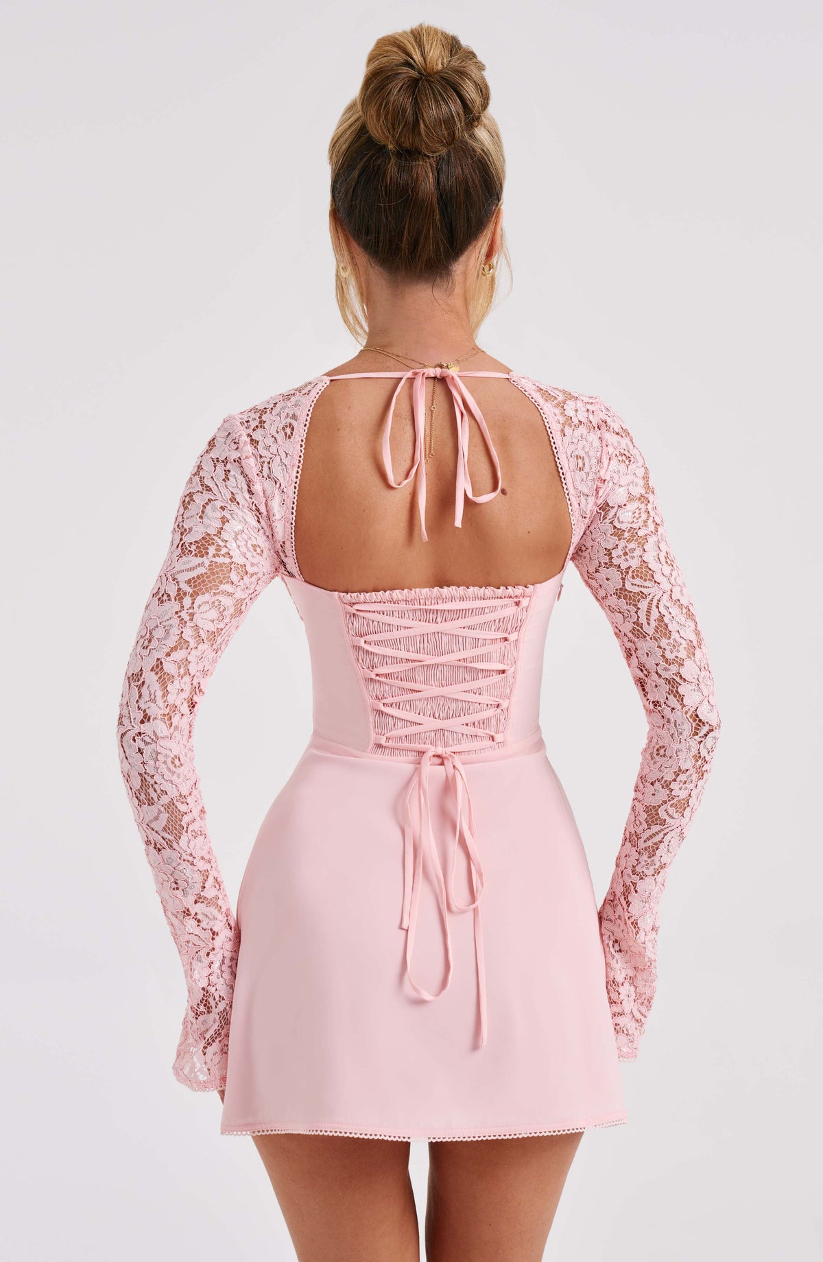 Lace Bust Long Sleeve Bolero Bow Front A-Line Mini Dress 3
