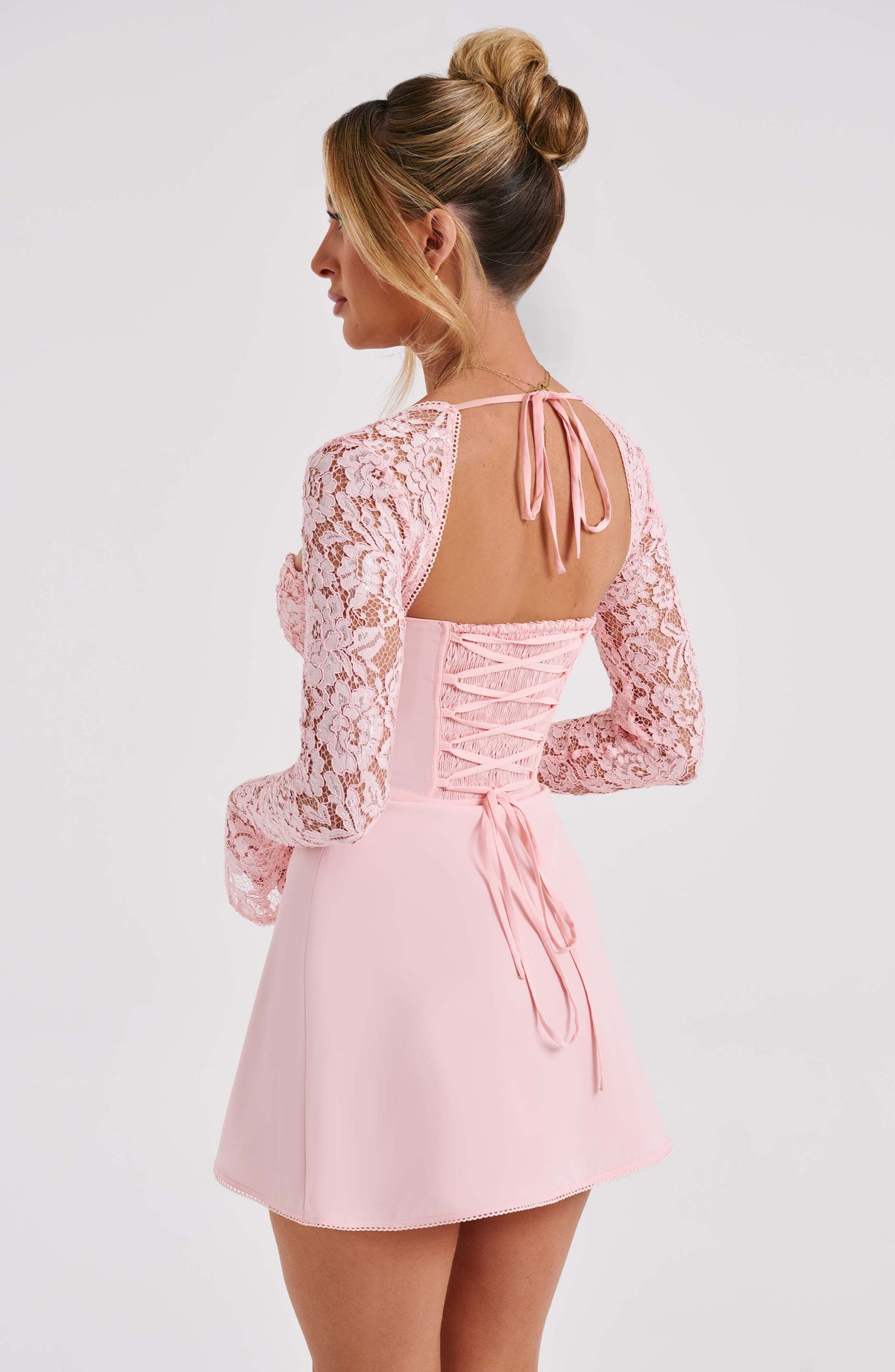 Lace Bust Long Sleeve Bolero Bow Front A-Line Mini Dress 10