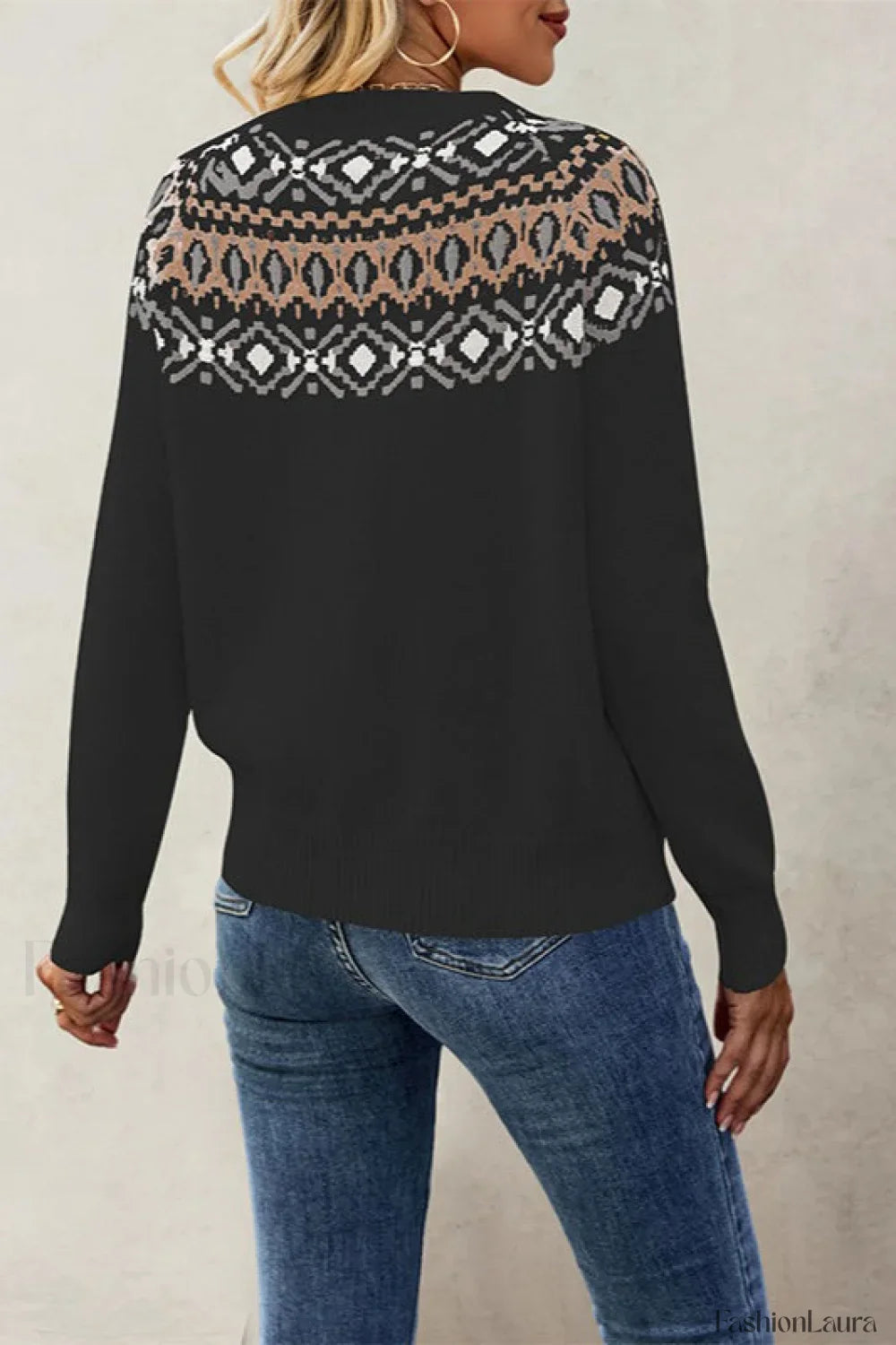 Jacquard Crew Neck Knit Pullover Sweater