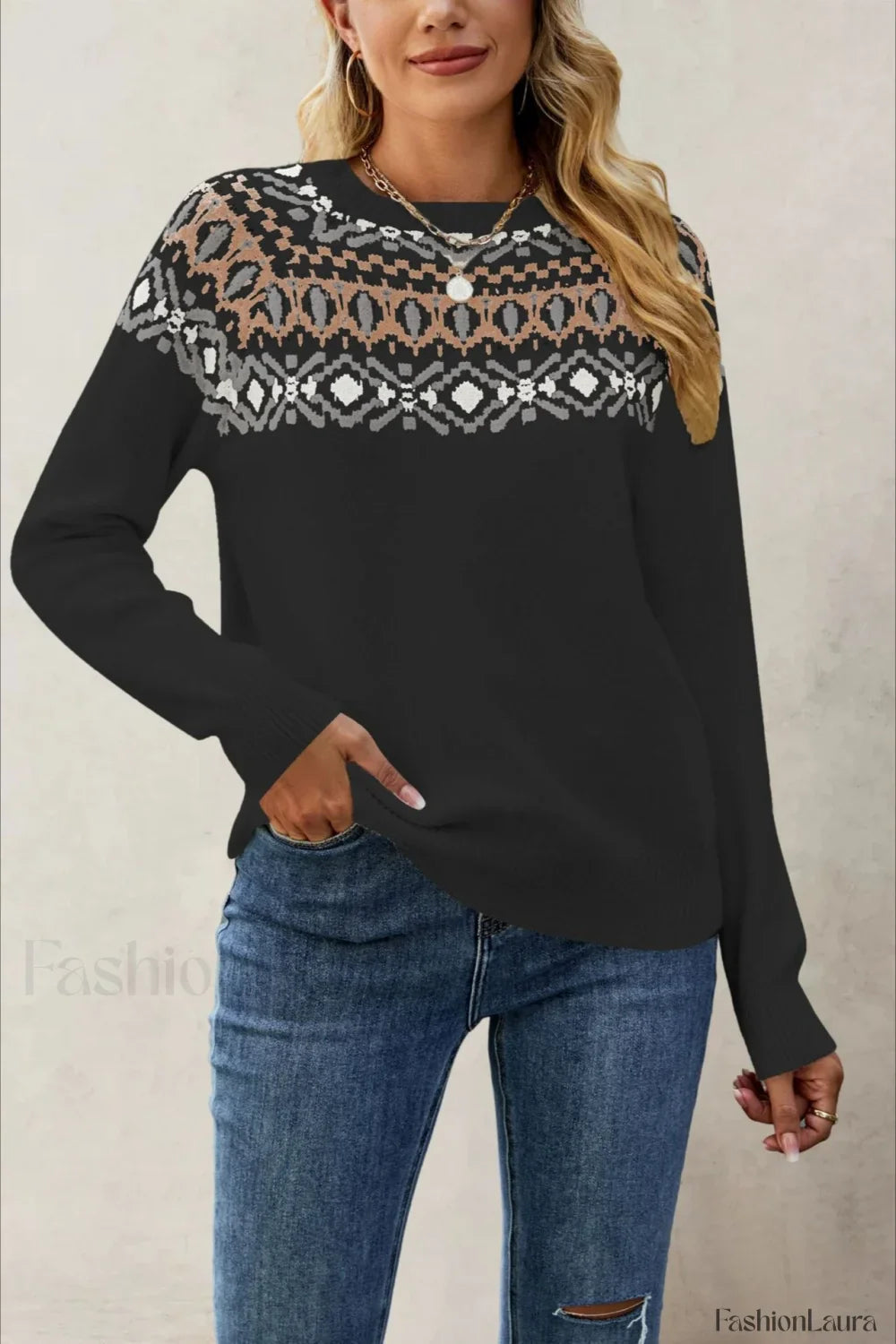 Jacquard Crew Neck Knit Pullover Sweater