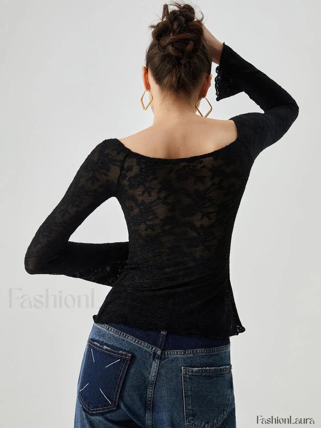 Jacquard Lace Semi-sheer Trendy Bowknot Crossover Blouse
