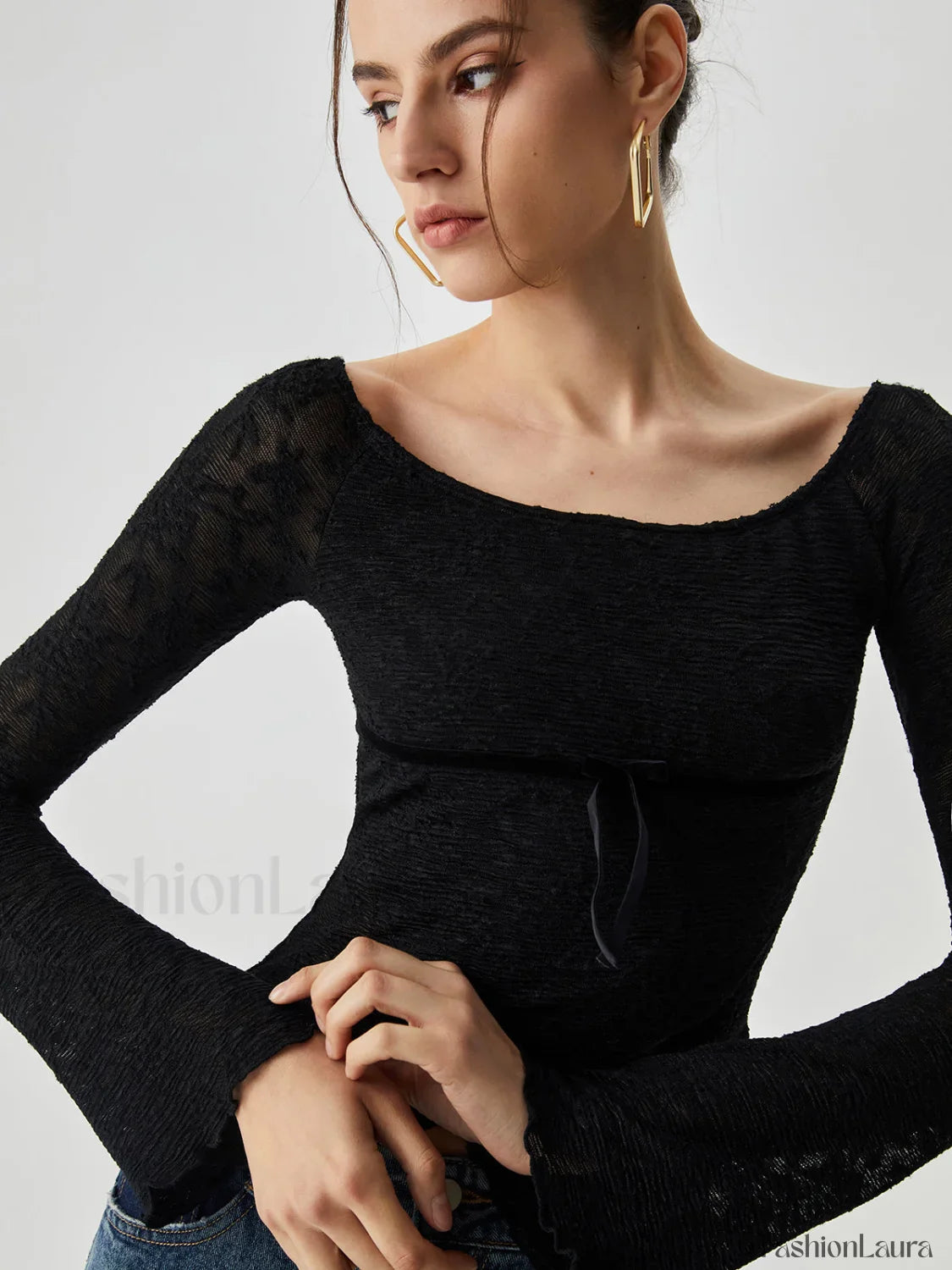 Jacquard Lace Semi-sheer Trendy Bowknot Crossover Blouse