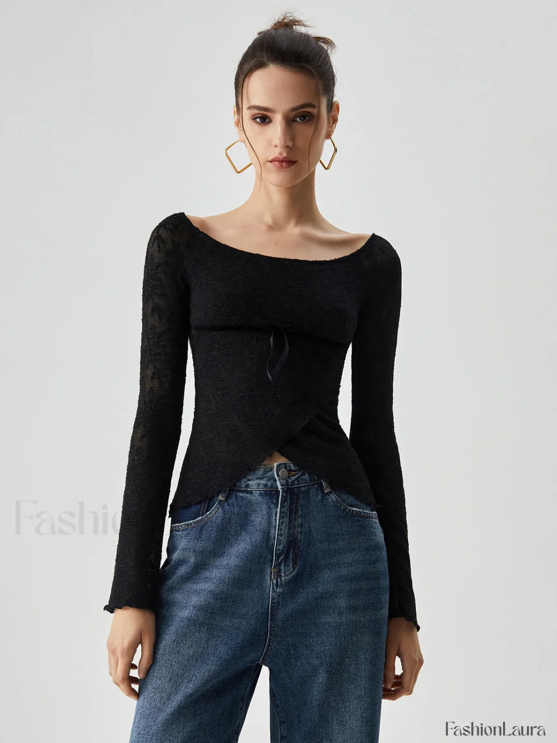 Jacquard Lace Semi-sheer Trendy Bowknot Crossover Blouse