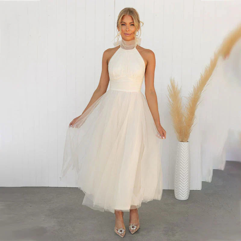 Pearlina - Sleek Mesh High Neck Dress Creme